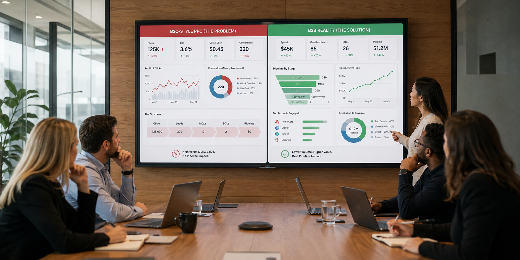 B2B PPC dashboard showing pipeline contribution instead of click volume for a Columbus company